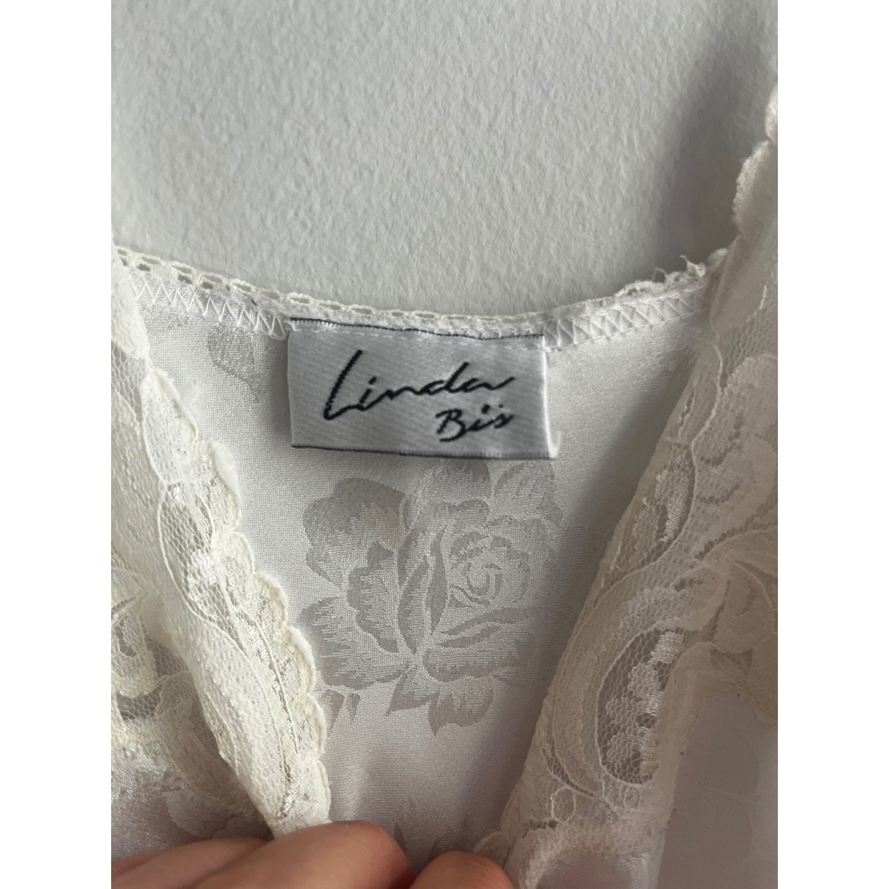 Linda Bis White Satin Floral Rose Jacquard Lace Trim Maxi Nightgown Slip Dress - Picture 5 of 8